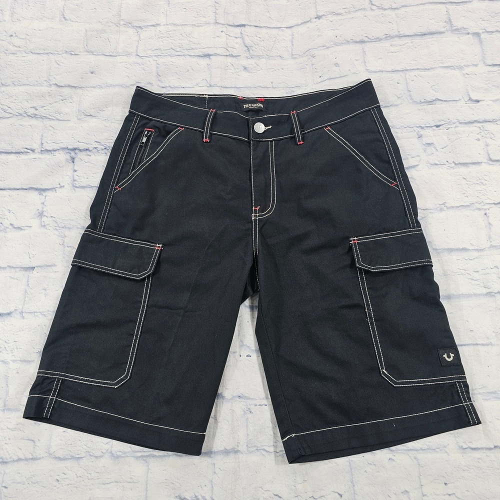True Religion Cargo Shorts MENS 32 Jet Black Contrast Stitch Streetwear